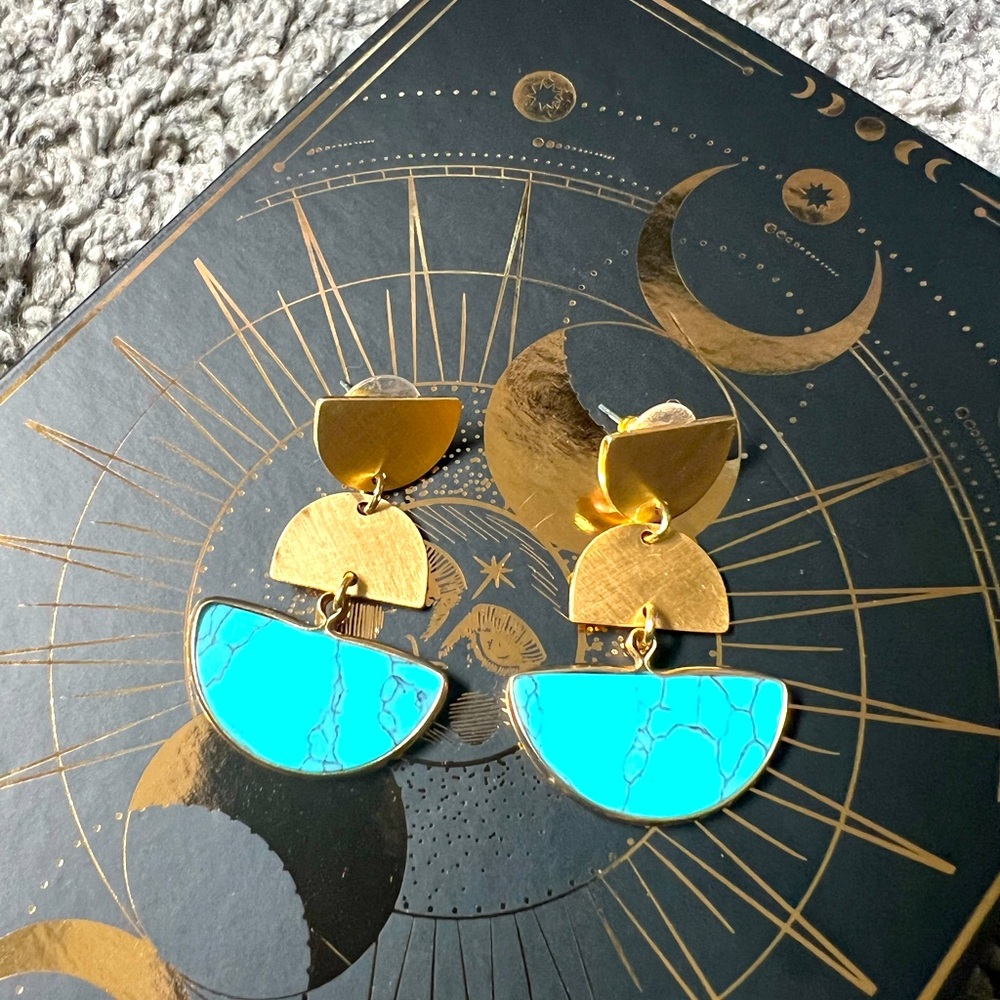 Turquoise stone inspired dangling earrings w/ gold accent.